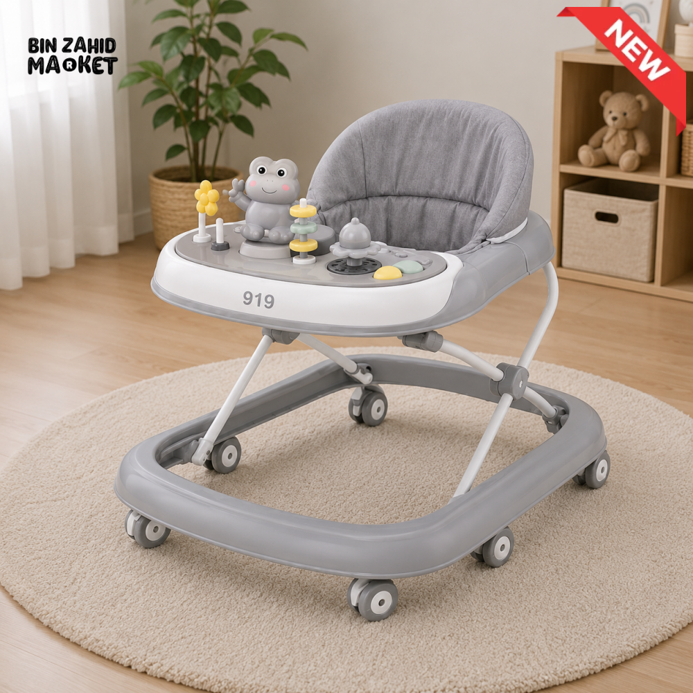 FOLDABLE BABY WALKER WITH ACTIVITY TRAY - GREY