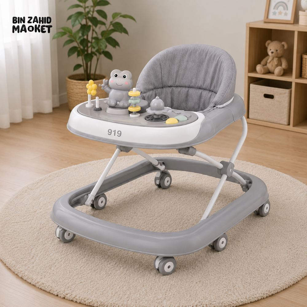 FOLDABLE BABY WALKER WITH ACTIVITY TRAY - GREY