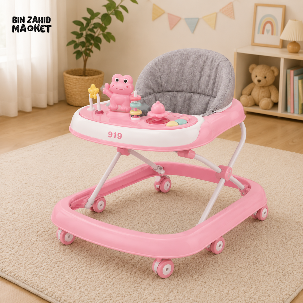 FOLDABLE BABY WALKER WITH ACTIVITY TRAY - PINK
