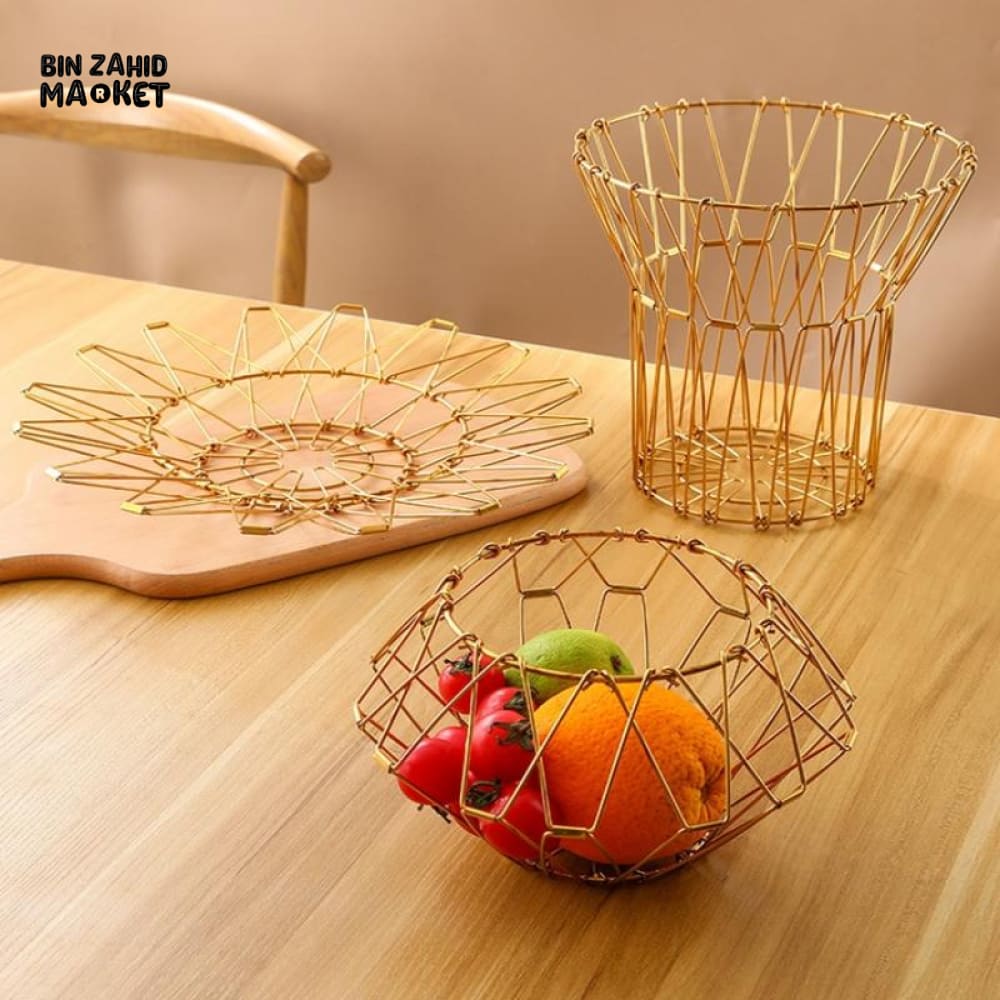 FOLDABLE IRON WIRE FRUIT BOWL – LARGE CAPACITY SCALABLE DESKTOP STORAGE BASKET HOLLOW DESIGN