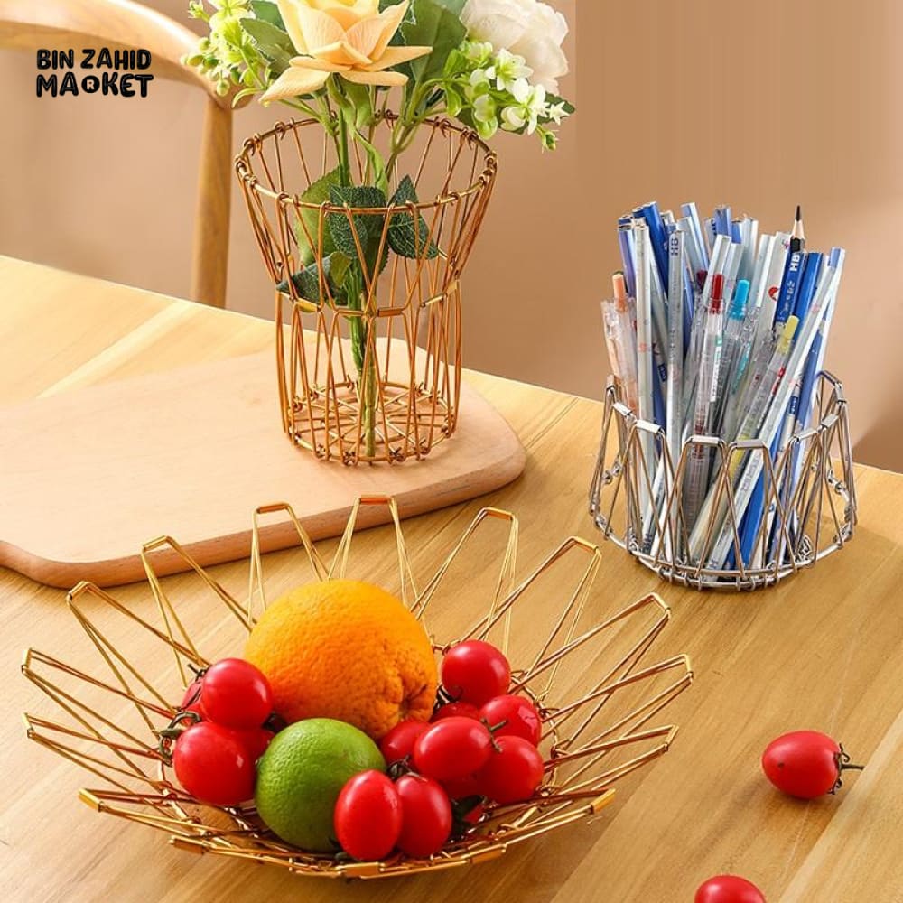 FOLDABLE IRON WIRE FRUIT BOWL – LARGE CAPACITY SCALABLE DESKTOP STORAGE BASKET HOLLOW DESIGN