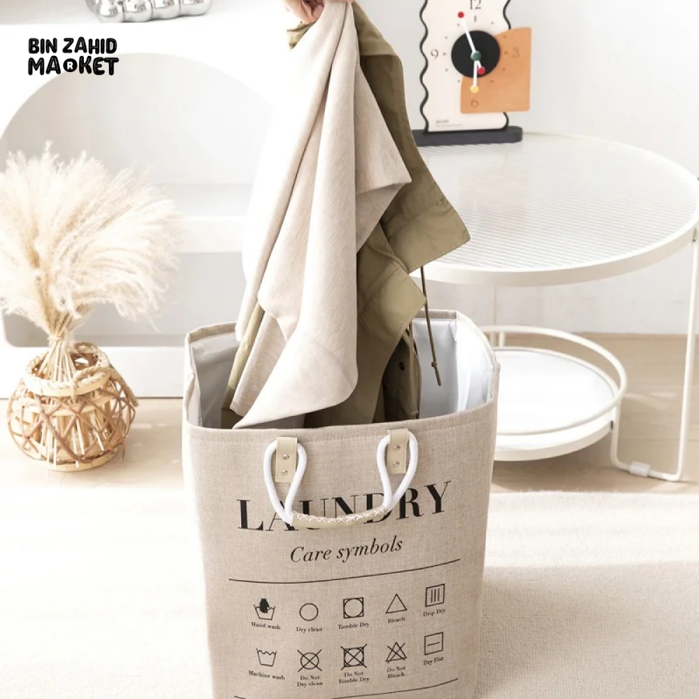 FOLDABLE LAUNDRY BASKET COTTON LINEN LARGE STORAGE BASKET WITH HANDLE WATERPROOF FOLDING BASKET FOR DIRTY CLOTHES & KIDS TOYS