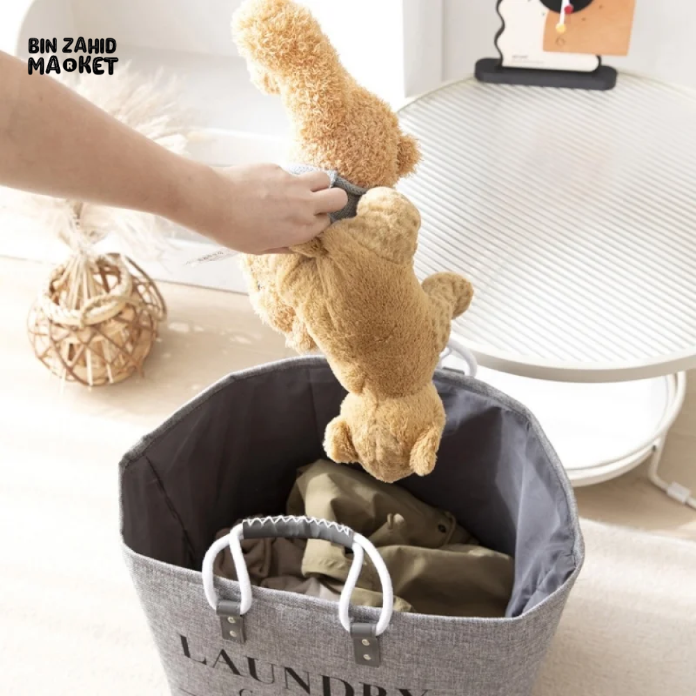 FOLDABLE LAUNDRY BASKET COTTON LINEN LARGE STORAGE BASKET WITH HANDLE WATERPROOF FOLDING BASKET FOR DIRTY CLOTHES & KIDS TOYS