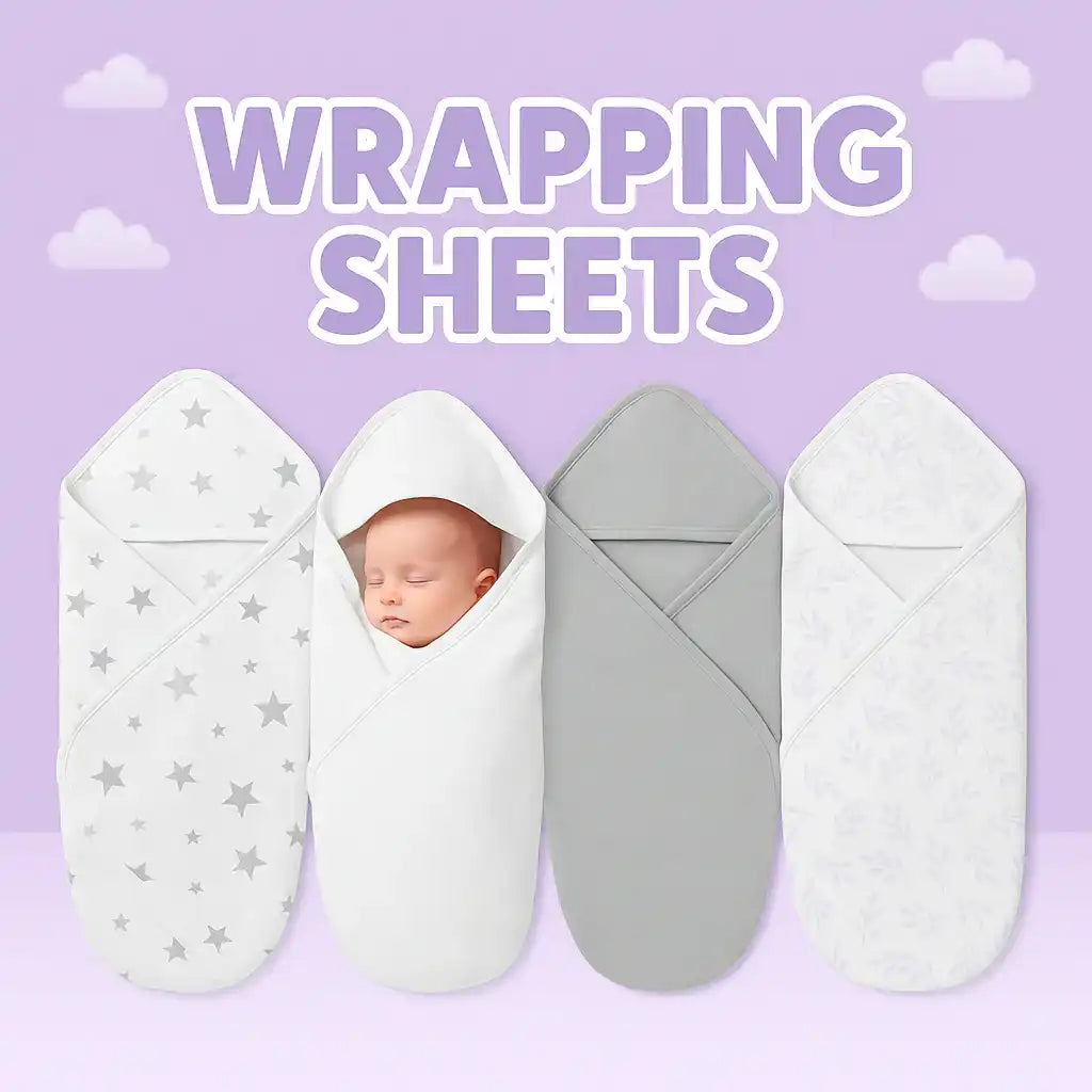 Four baby swaddles in various designs, including stars, plain white, plain gray, and a subtle pattern, with one containing a sleeping baby.