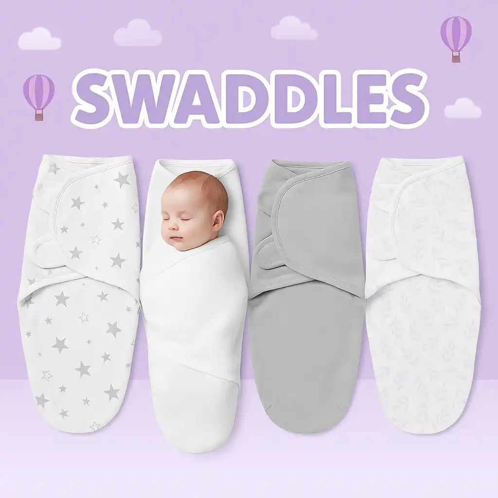 Four baby swaddles, one with a sleeping infant, in white with grey stars, plain white, solid grey, and white with a subtle pattern.