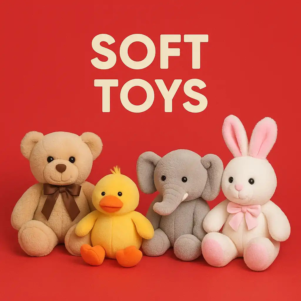 Four plush stuffed animals (a bear, duck, elephant, and bunny).