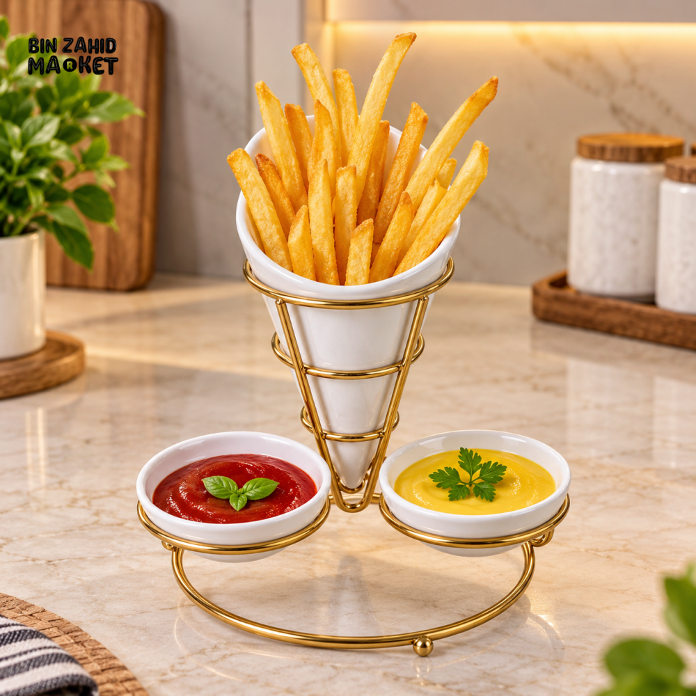 FRENCH FRIES SERVING STAND WITH 2 DIP BOWLS