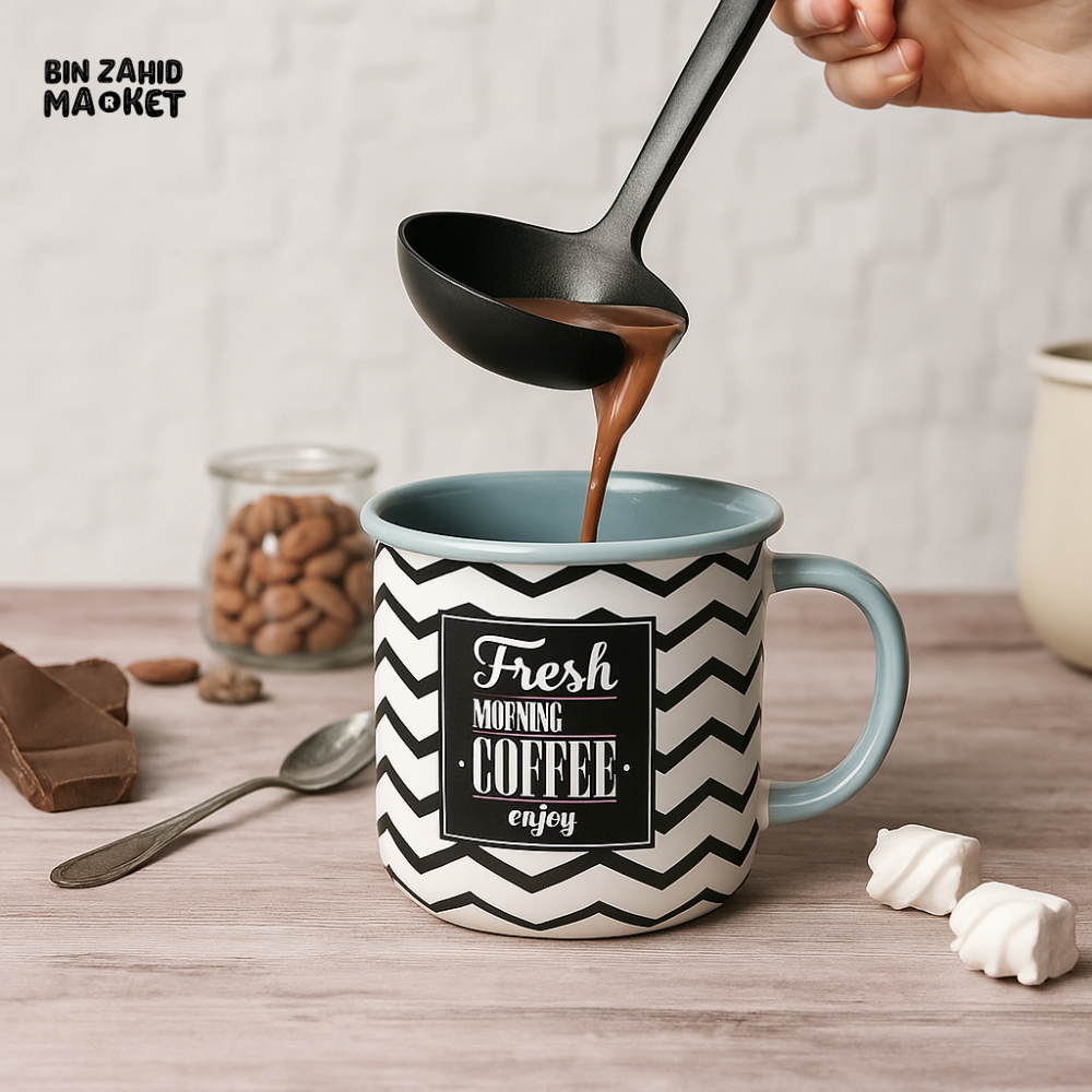 FRESH MORNING COFFEE CERAMIC MUG – BLACK ZIGZAG PATTERN, LARGE CAPACITY CUP FOR TEA & HOT BEVERAGES