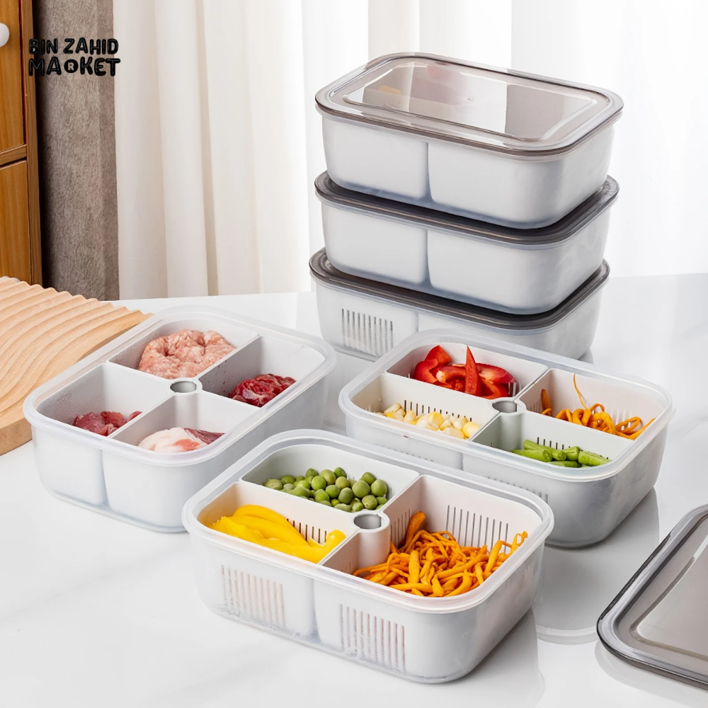 FRIDGE ORGANIZER, DIVIDED VEGETABLE & MEAT BOX, FOOD-GRADE, MICROWAVEABLE.