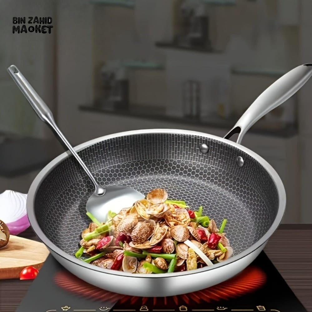 FRYING PAN – NON COATED STAINLESS STEEL NON STICK HONEYCOMB PAN MULTIFUNCTIONAL THICKENED POT FOR GAS & INDUCTION COOKER