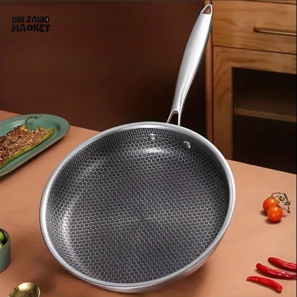 FRYING PAN – NON COATED STAINLESS STEEL NON STICK HONEYCOMB PAN MULTIFUNCTIONAL THICKENED POT FOR GAS & INDUCTION COOKER