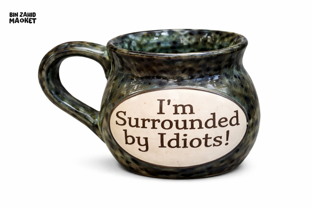 FUNNY QUOTE CERAMIC COFFEE MUG – “I’M SURROUNDED BY IDIOTS” | RUSTIC HANDCRAFTED STYLE
