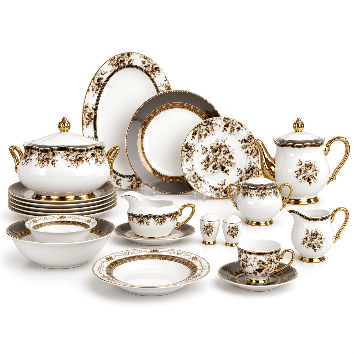 Johnson Bros Inspired Brown Floral & Gold Trims Bone China Dinner Set