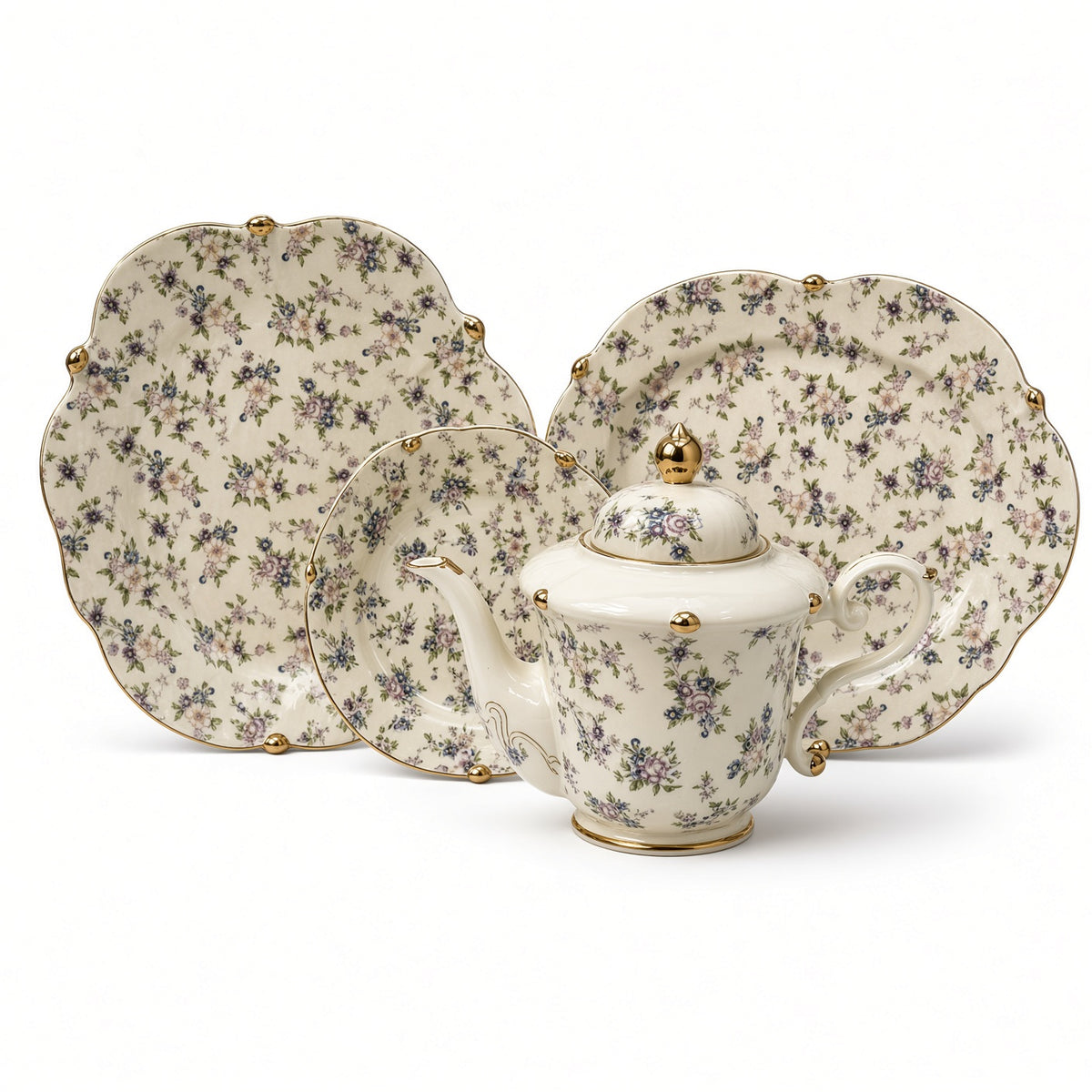 Royal Albert Inspired Small Purple & Green Floral Patterns 75 Pieces 8 Persons Serving Bone China Dinner Set