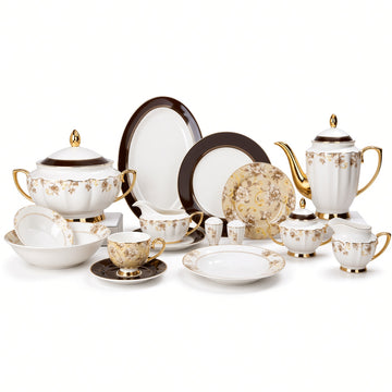 Johnson Bros Inspired Brown Gold Floral Patterns Trims Bone China Dinner Set