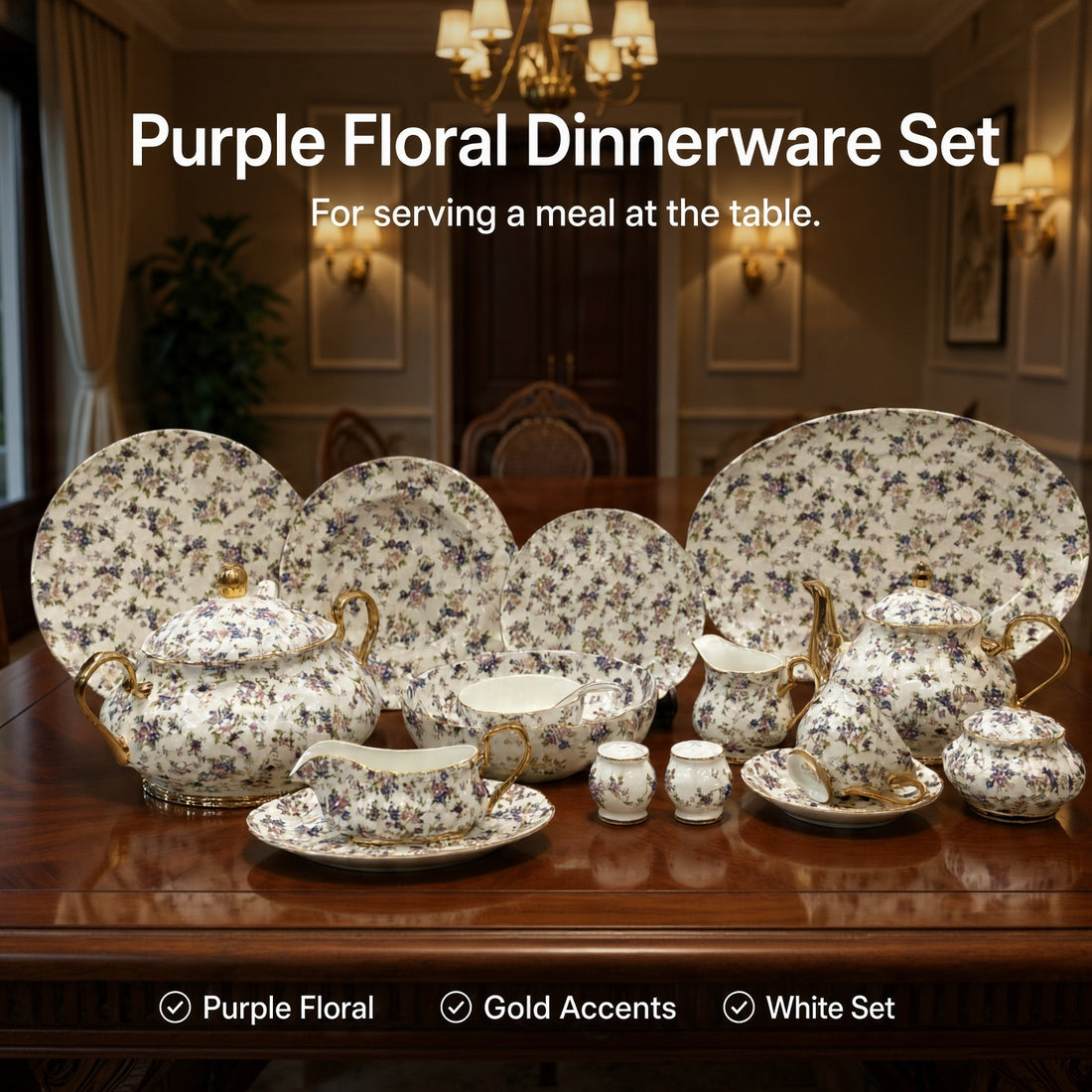 Royal Albert Inspired Purple Floral Patterns With Gold Accents 75 Pieces 8 Persons Serving Bone China Dinner Set
