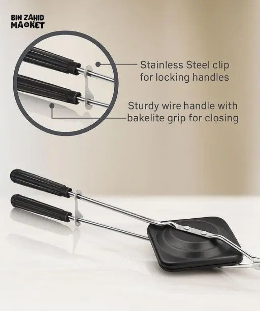 GAS-TOP CAST IRON SANDWICH MAKER NON-STICK TOAST MAKER PAN WITH LONG HANDLE FOR STOVE & CAMPING USE