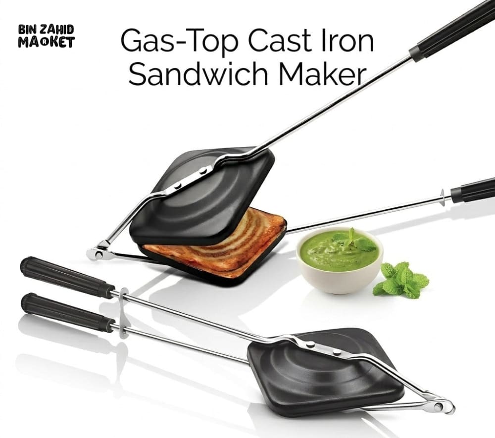 GAS-TOP CAST IRON SANDWICH MAKER NON-STICK TOAST MAKER PAN WITH LONG HANDLE FOR STOVE & CAMPING USE