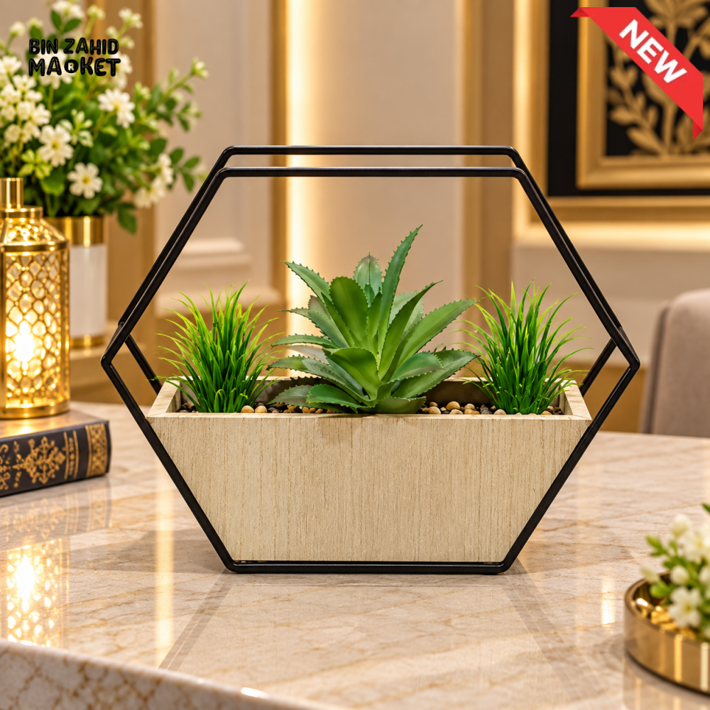 GEOMETRIC METAL FRAME TABLETOP PLANTER WITH ARTIFICIAL PLANTS - Planters