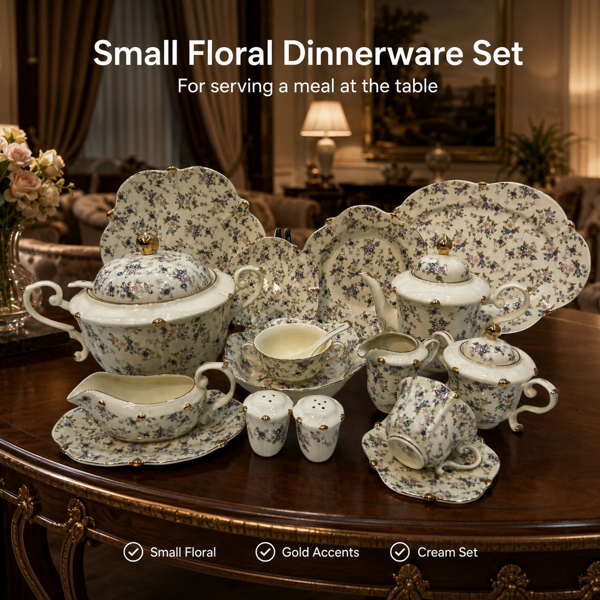 Royal Albert Inspired Small Purple & Green Floral Patterns 75 Pieces 8 Persons Serving Bone China Dinner Set