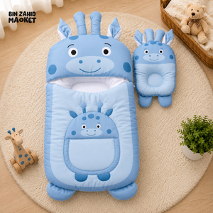 GIRAFFE DESIGN COTTON POLYESTER BABY SLEEPING BAG WITH MATCHING PILLOW - BLUE