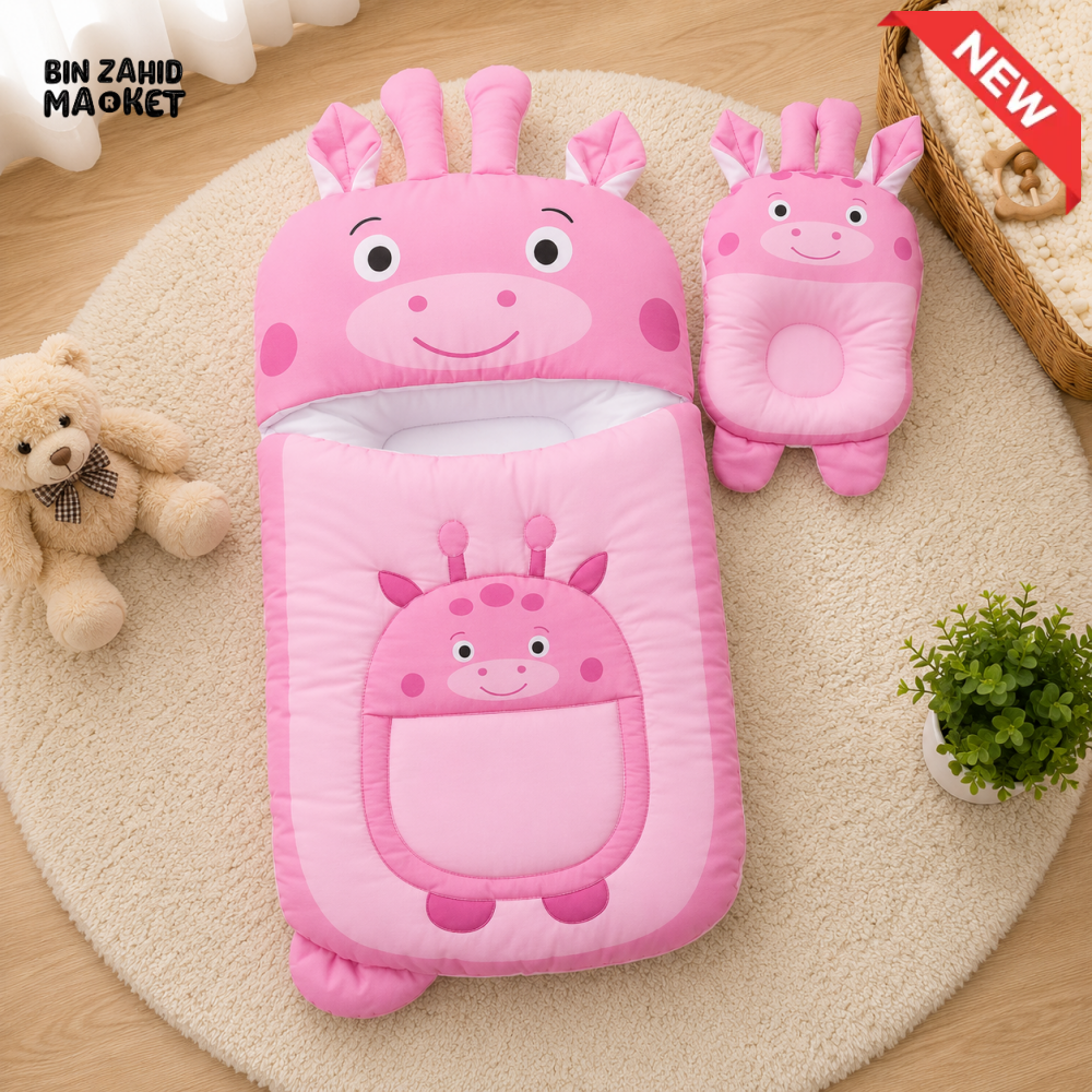 GIRAFFE DESIGN COTTON POLYESTER BABY SLEEPING BAG WITH MATCHING PILLOW - LIGHT PURPLE