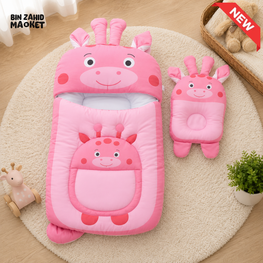 GIRAFFE DESIGN COTTON POLYESTER BABY SLEEPING BAG WITH MATCHING PILLOW - PINK