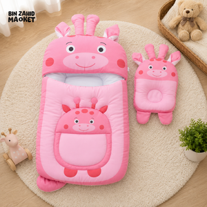 GIRAFFE DESIGN COTTON POLYESTER BABY SLEEPING BAG WITH MATCHING PILLOW - PINK