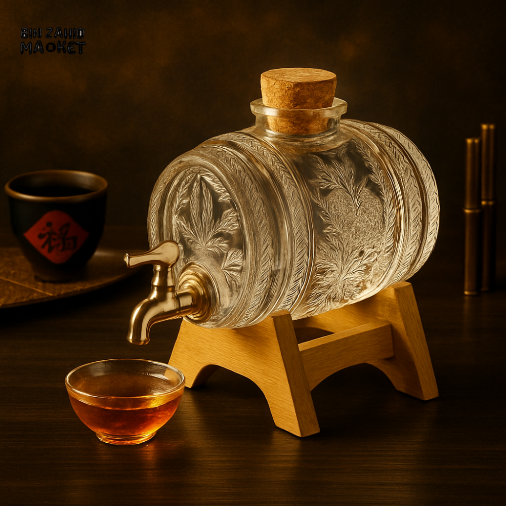 GLASS BARREL WATER & JUICE DISPENSER WITH WOODEN STAND – 2.5LITRE