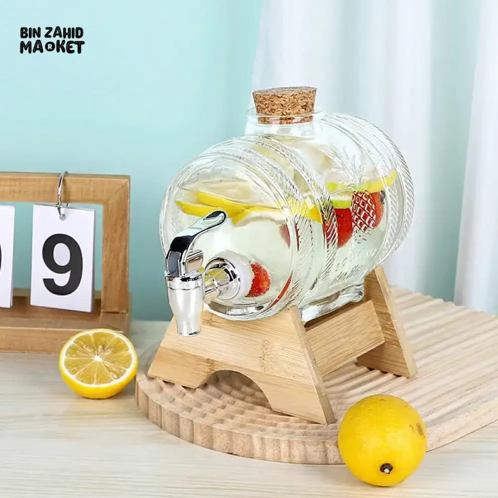 GLASS BARREL WATER & JUICE DISPENSER WITH WOODEN STAND – 2.5LITRE