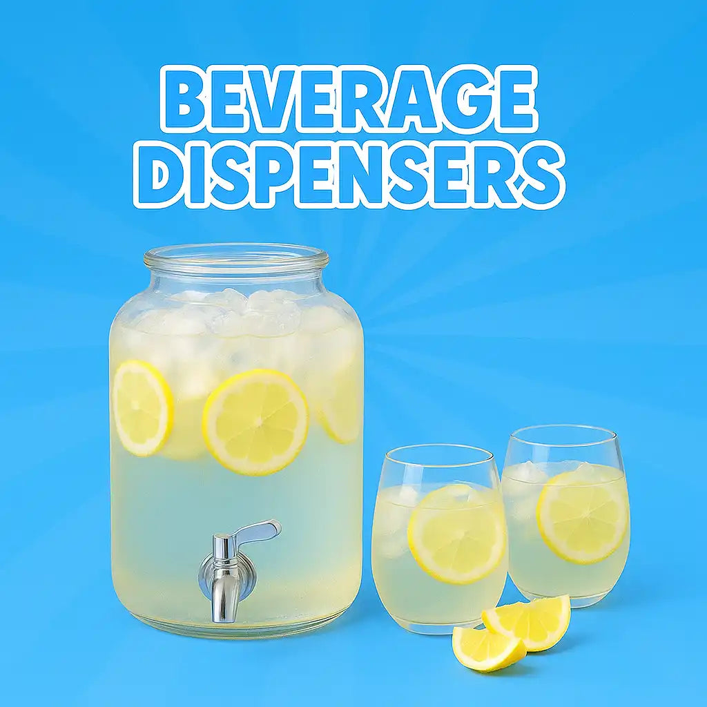 Glass beverage dispenser with a spigot, filled with iced lemonade and lemon slices.