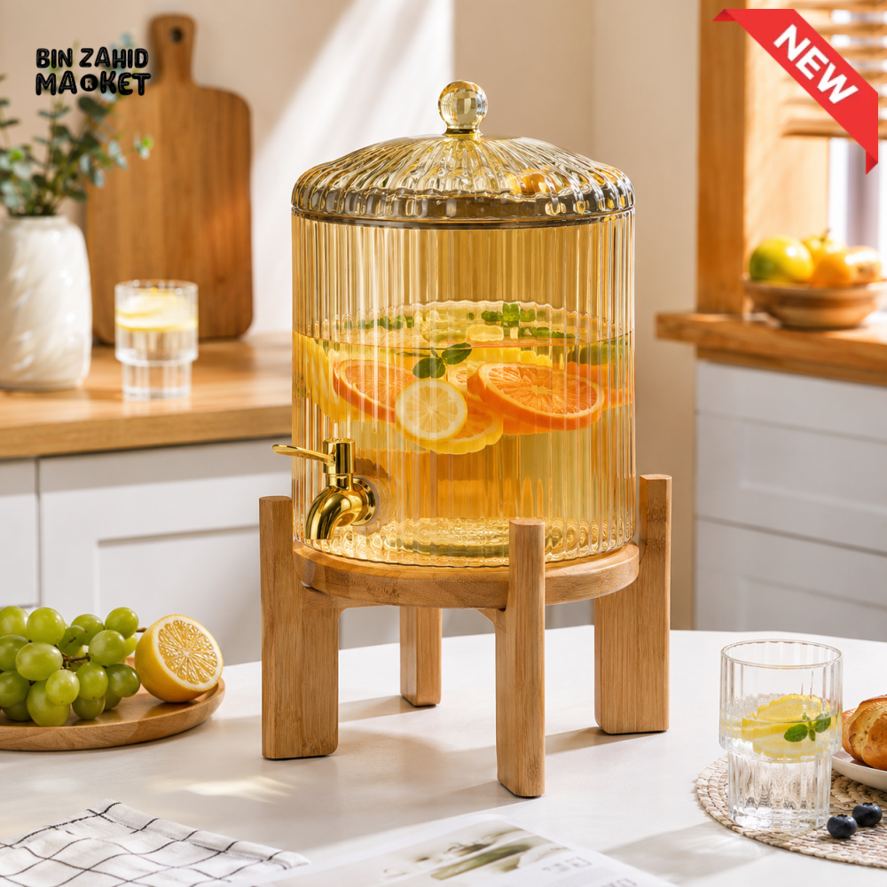 GLASS BEVERAGE DISPENSER WITH WOODEN STAND & METAL TAP - 3.6 LITER