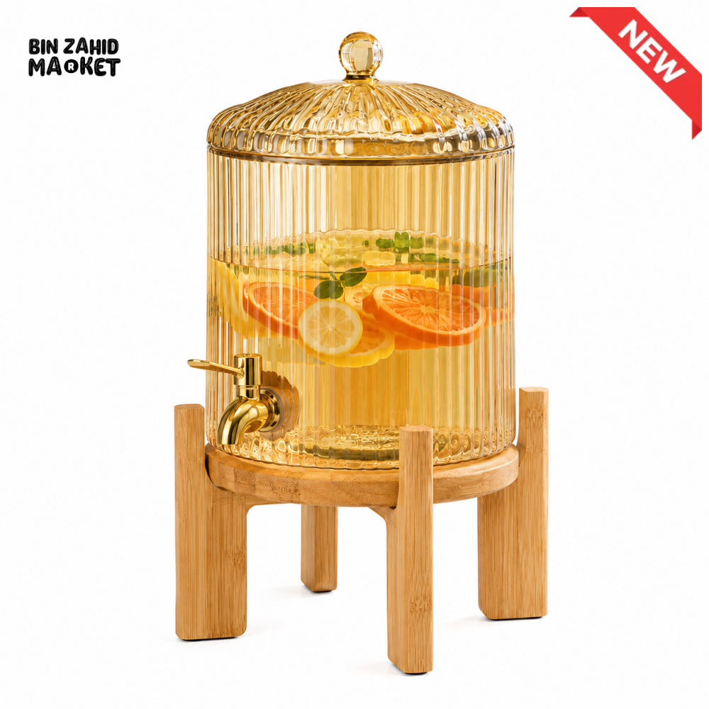 GLASS BEVERAGE DISPENSER WITH WOODEN STAND & METAL TAP - 3.6 LITER