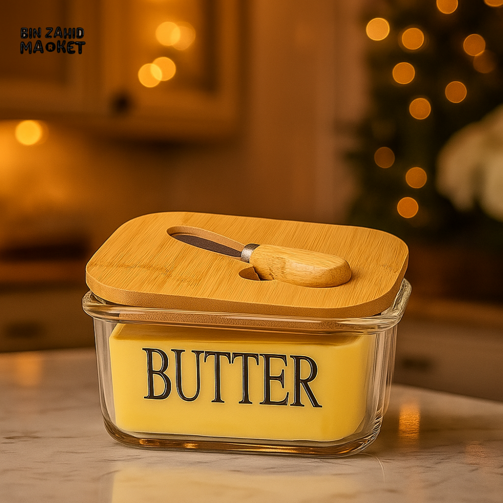 GLASS BUTTER DISH WITH BAMBOO LID & KNIFE – ELEGANT STORAGE CONTAINER FOR DINING & KITCHEN USE – RECTANGULAR DESIGN