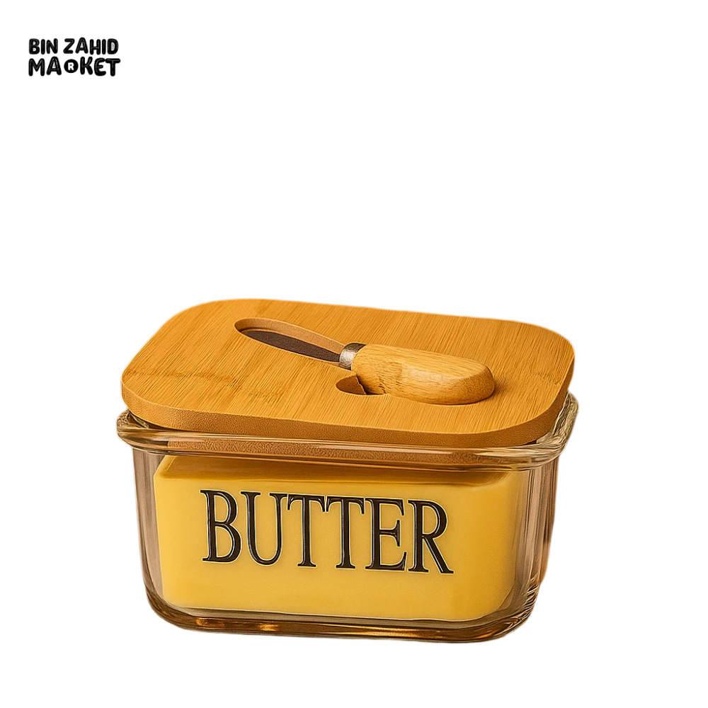 GLASS BUTTER DISH WITH BAMBOO LID & KNIFE – ELEGANT STORAGE CONTAINER FOR DINING & KITCHEN USE – RECTANGULAR DESIGN