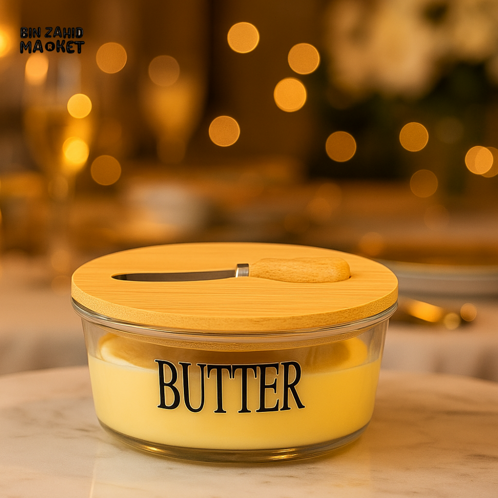 GLASS BUTTER DISH WITH BAMBOO LID & KNIFE – ELEGANT STORAGE CONTAINER FOR DINING & KITCHEN USE – ROUND DESIGN