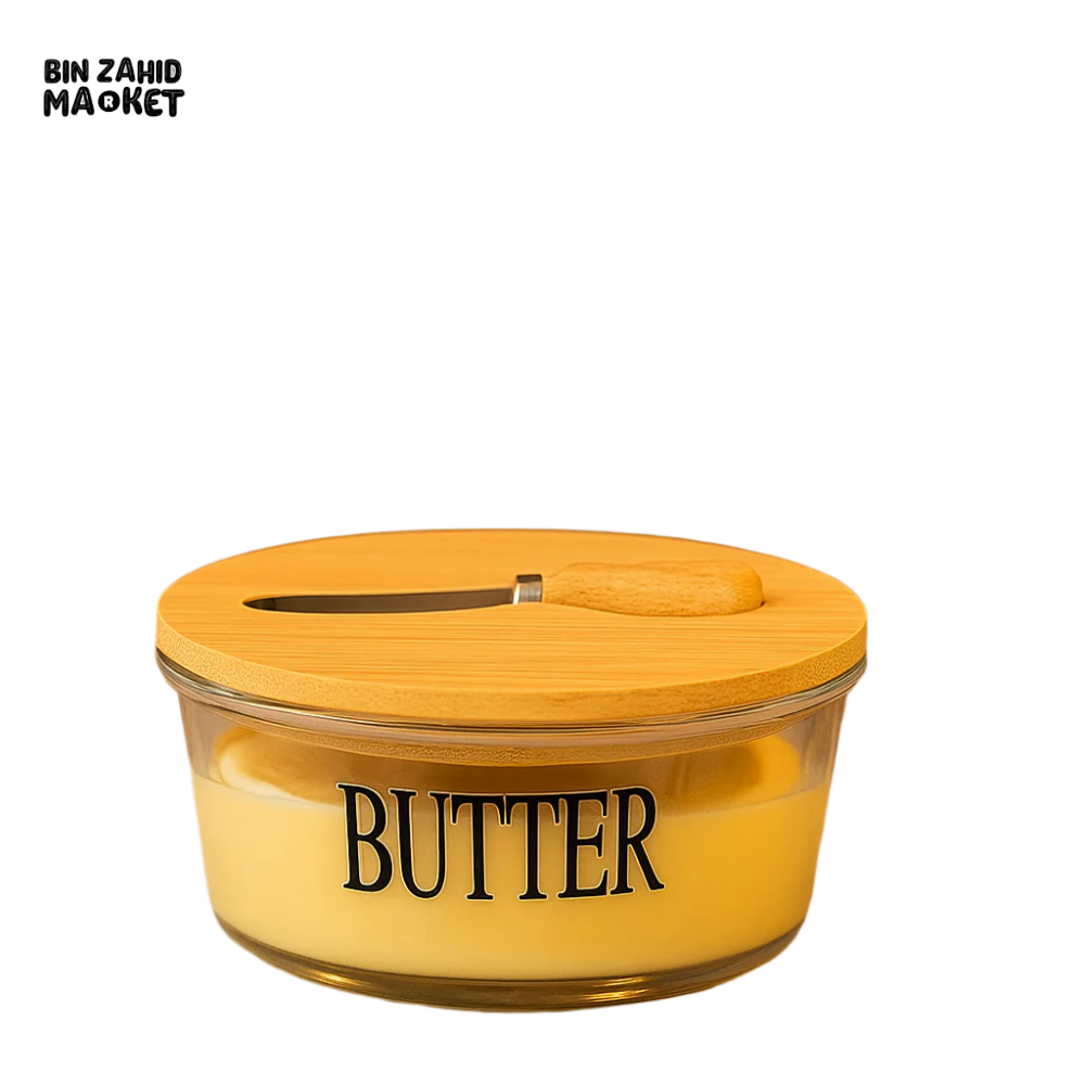 GLASS BUTTER DISH WITH BAMBOO LID & KNIFE – ELEGANT STORAGE CONTAINER FOR DINING & KITCHEN USE – ROUND DESIGN