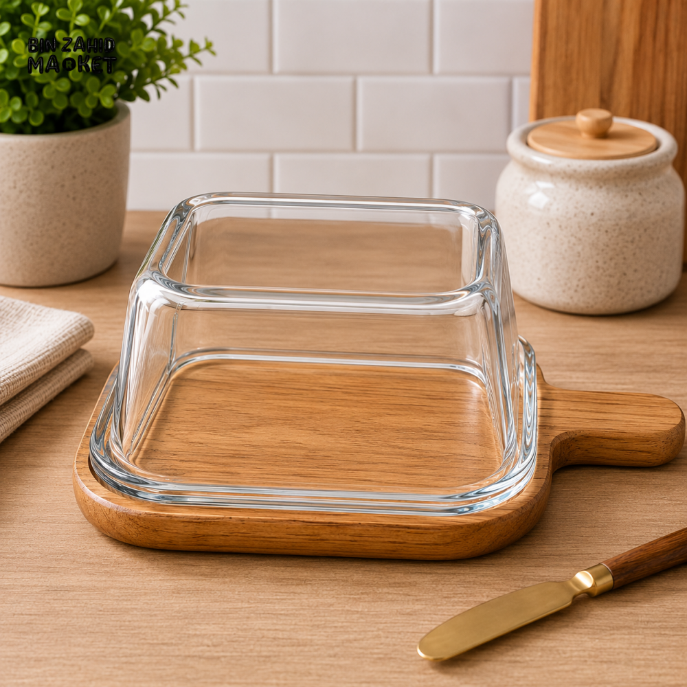 GLASS BUTTER DISH WITH WOODEN TRAY - MEDIUM
