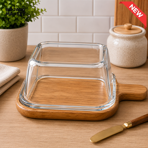 GLASS BUTTER DISH WITH WOODEN TRAY - SMALL