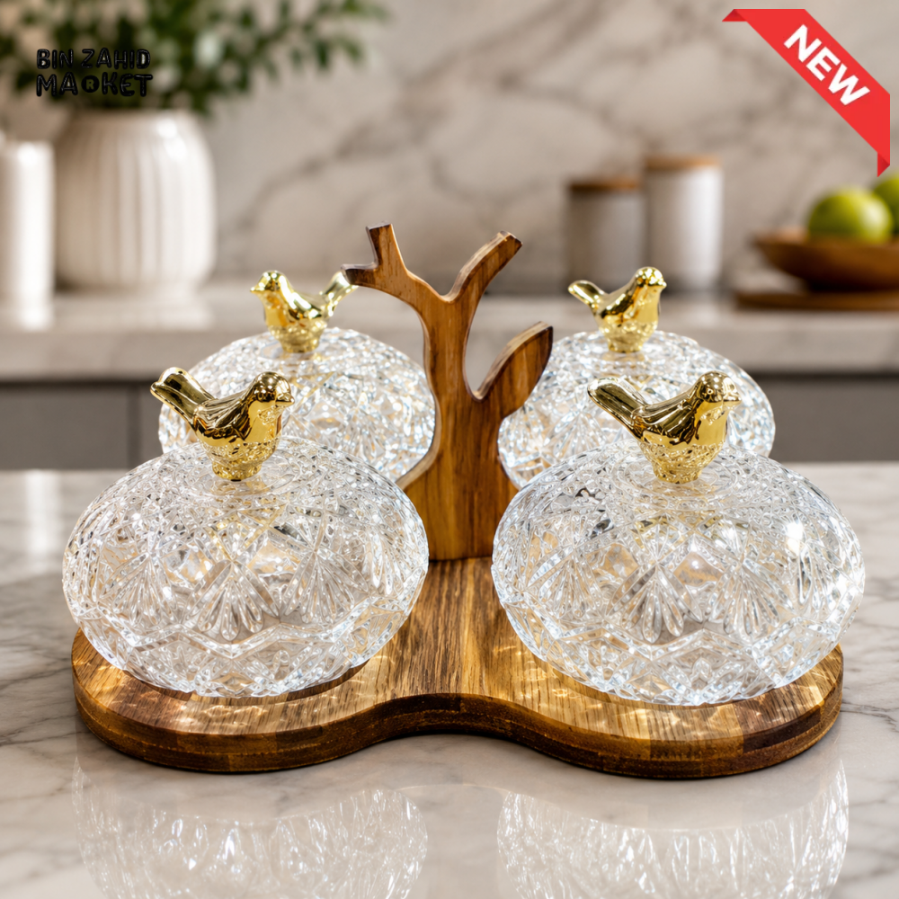 GLASS CONDIMENT JAR SET WITH WOODEN STAND