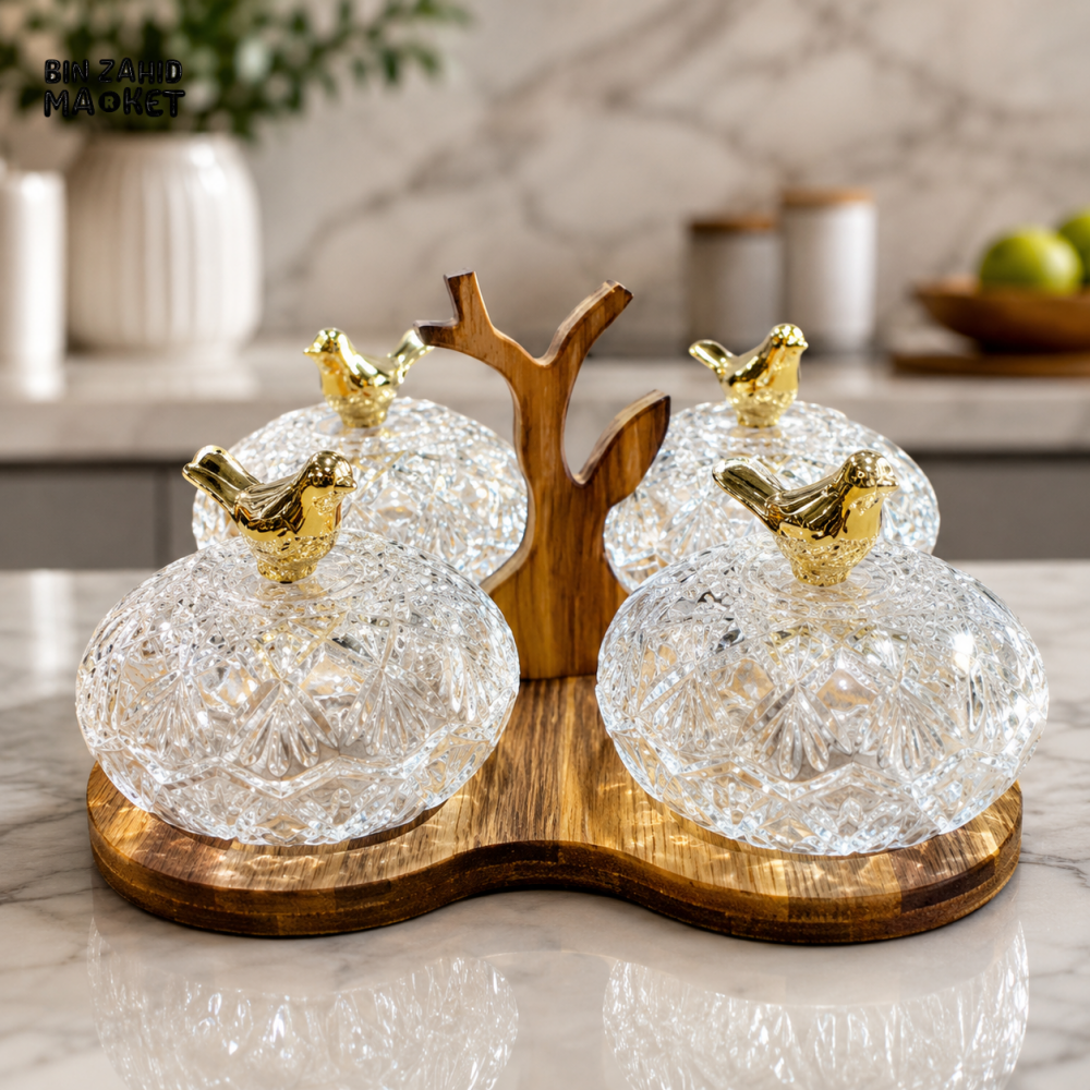 GLASS CONDIMENT JAR SET WITH WOODEN STAND
