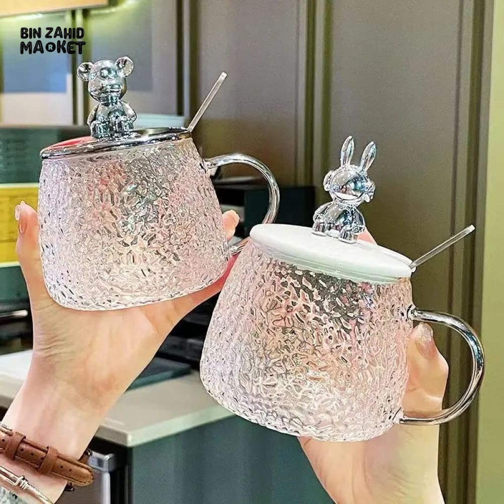 GLASS CUP WITH BEAR LID & SPOON