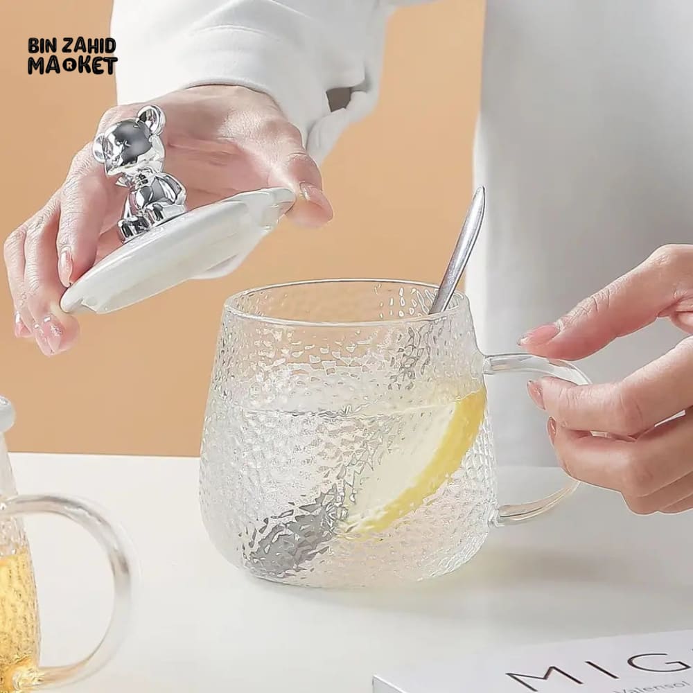 GLASS CUP WITH BEAR LID & SPOON