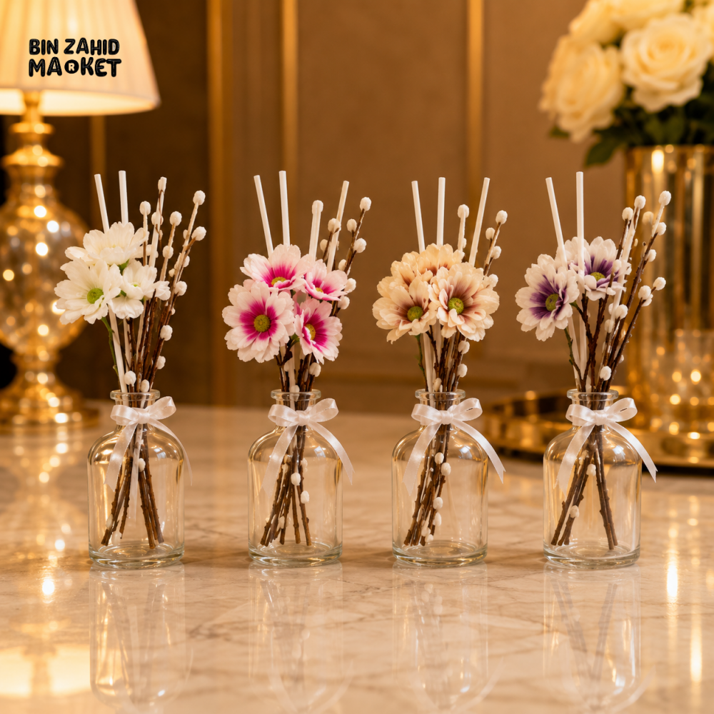 GLASS FLORAL REED DIFFUSER WITH DECORATIVE FLOWERS - 1 PIECE