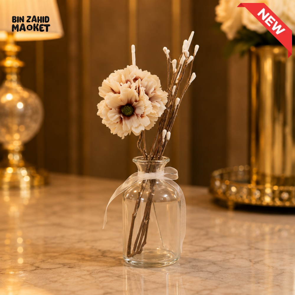 GLASS FLORAL REED DIFFUSER WITH DECORATIVE FLOWERS