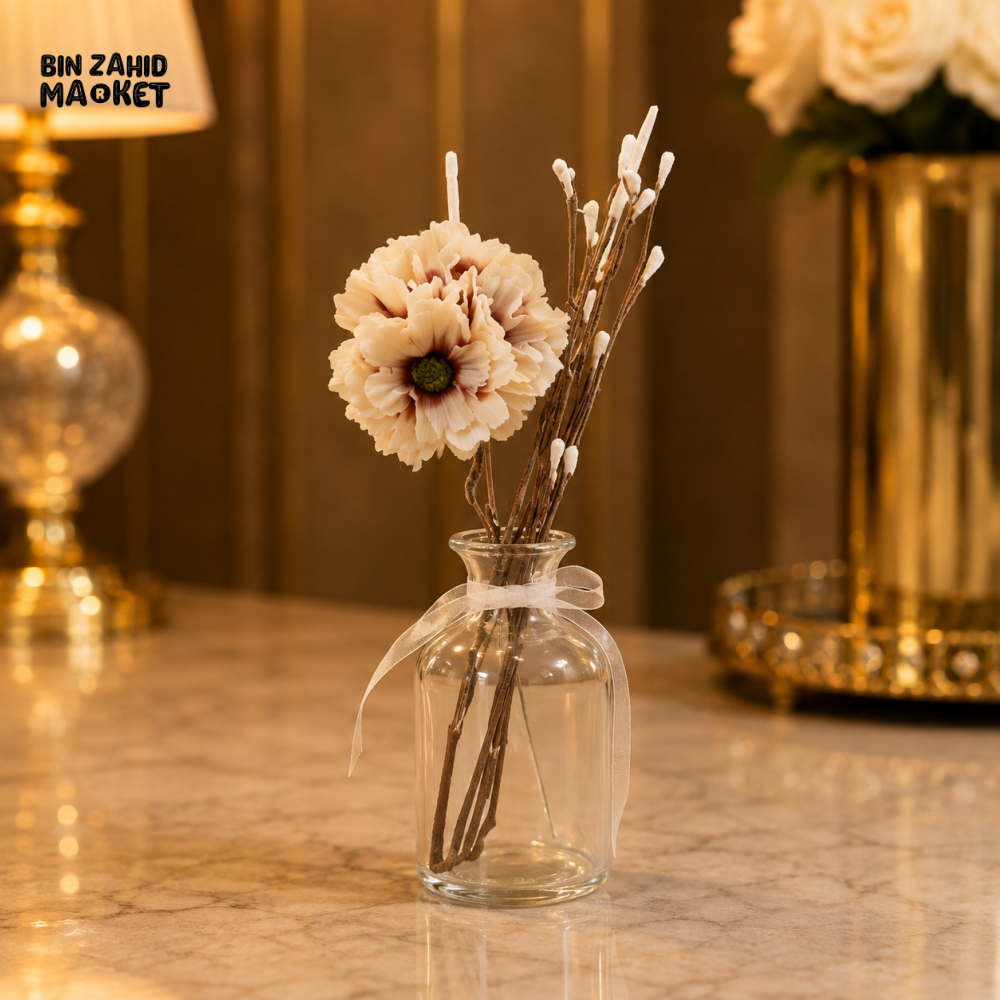 GLASS FLORAL REED DIFFUSER WITH DECORATIVE FLOWERS