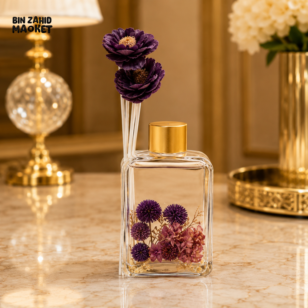 GLASS FLORAL REED DIFFUSER WITH DECORATIVE FLOWERS