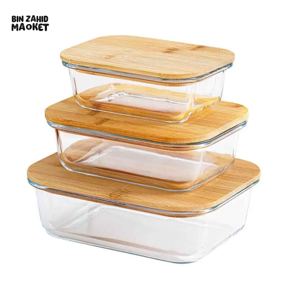 GLASS FOOD STORAGE CONTAINERS WITH NATURAL BAMBOO LIDS-3 PIECE