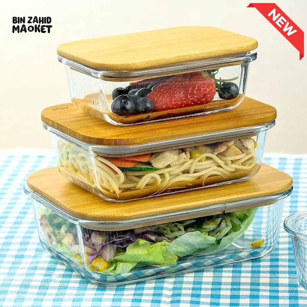 GLASS FOOD STORAGE CONTAINERS WITH NATURAL BAMBOO LIDS-3 PIECE