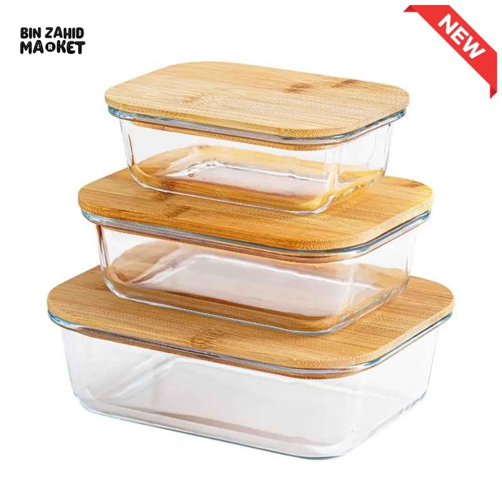 GLASS FOOD STORAGE CONTAINERS WITH NATURAL BAMBOO LIDS-3 PIECE